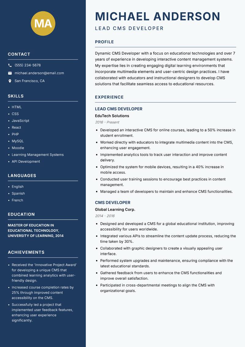 CMS Developer resume template — Classic Clean