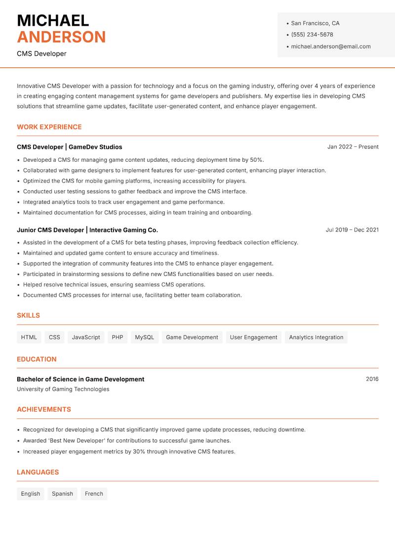 CMS Developer resume template — Modern Professional