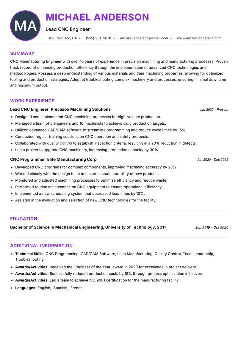 CNC Manufacturing Engineer resume example — ATS-friendly template