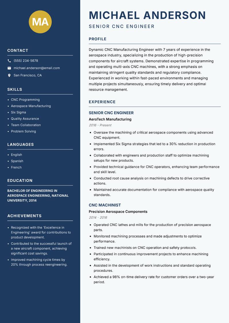 CNC Manufacturing Engineer resume template — Classic Clean