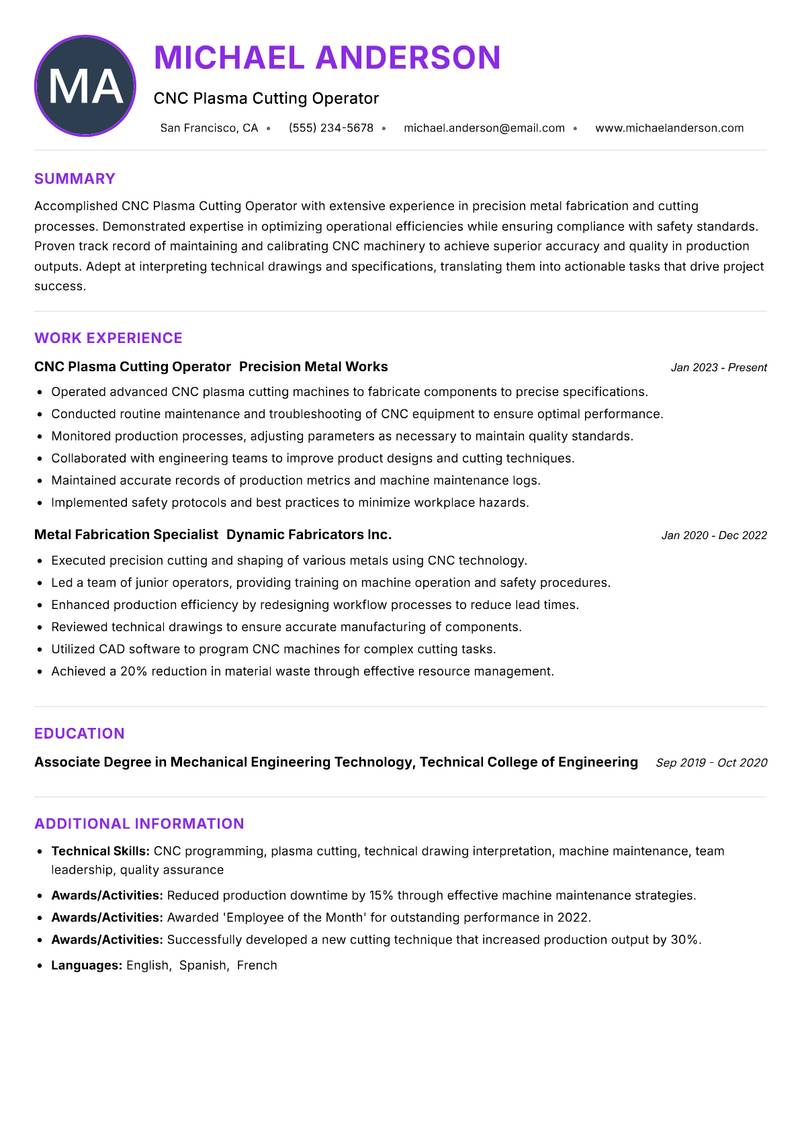 CNC Plasma Cutting Operator resume example — ATS-friendly template