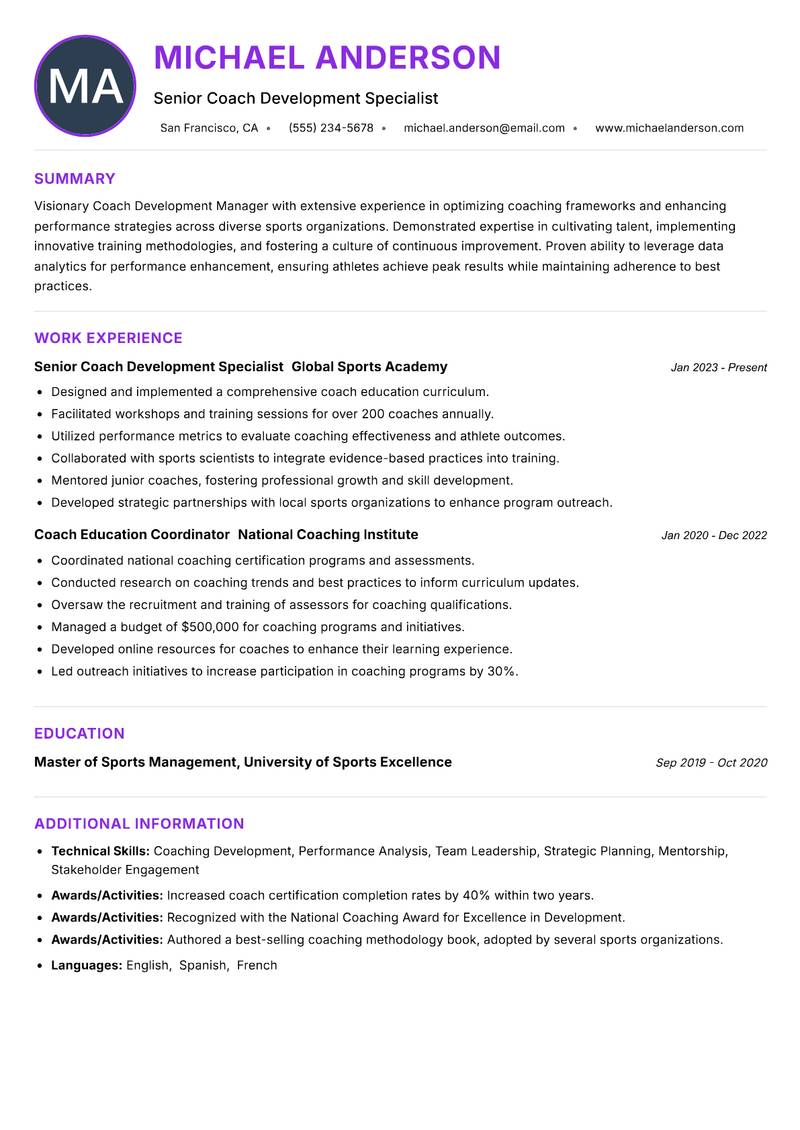 Coach Development Manager resume example — ATS-friendly template
