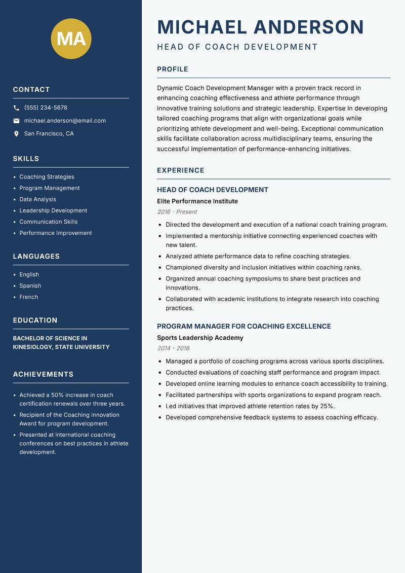 Coach Development Manager resume template — Classic Clean
