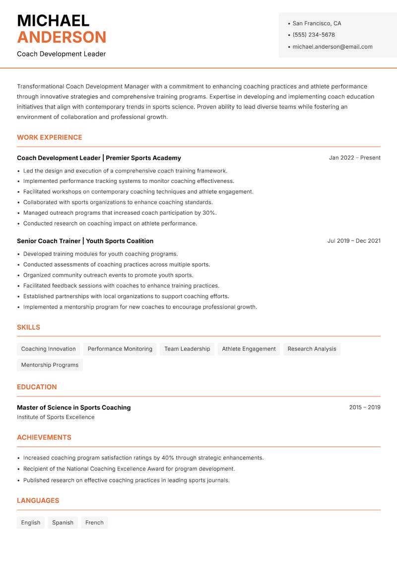 Coach Development Manager resume template — Modern Professional
