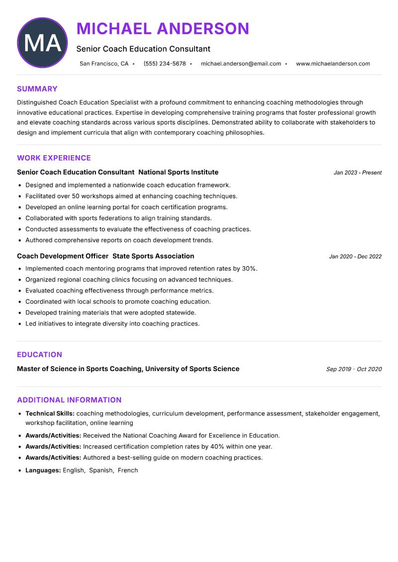 Coach Education Specialist resume example — ATS-friendly template