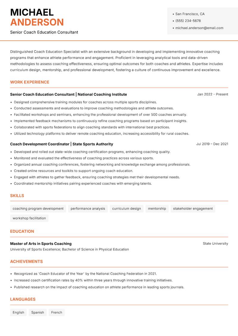 Coach Education Specialist resume template — Modern Professional
