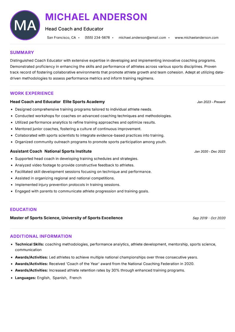 Coach Educator resume example — ATS-friendly template