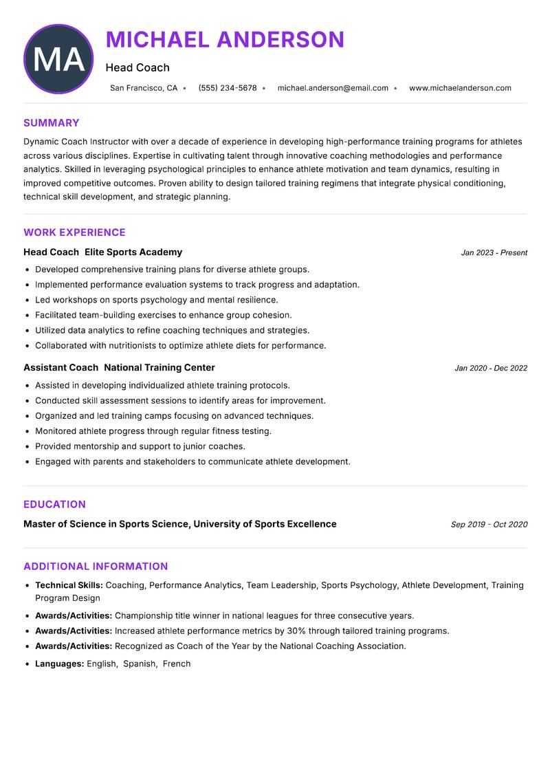 Coach Instructor resume example — ATS-friendly template