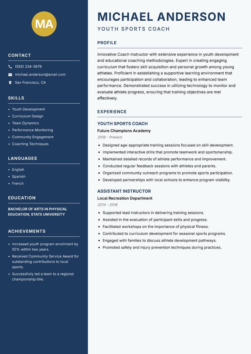 Coach Instructor resume template — Classic Clean