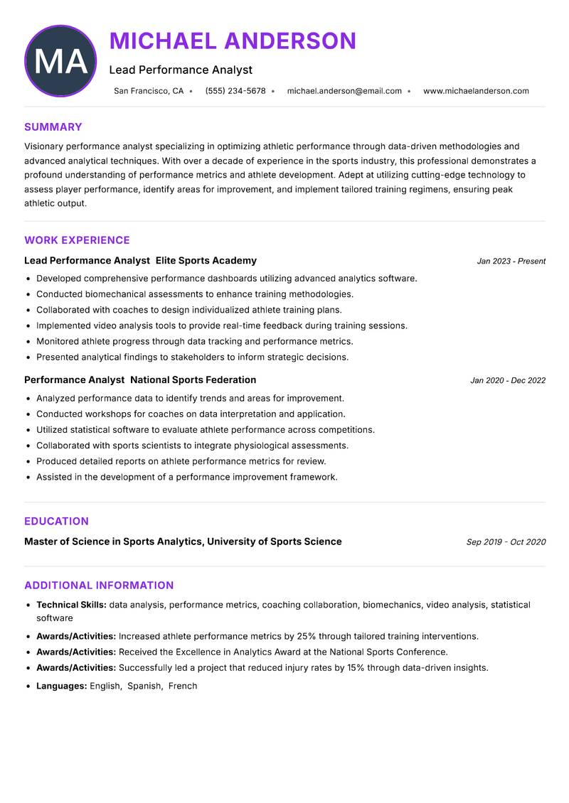 Coach Performance Analyst resume example — ATS-friendly template