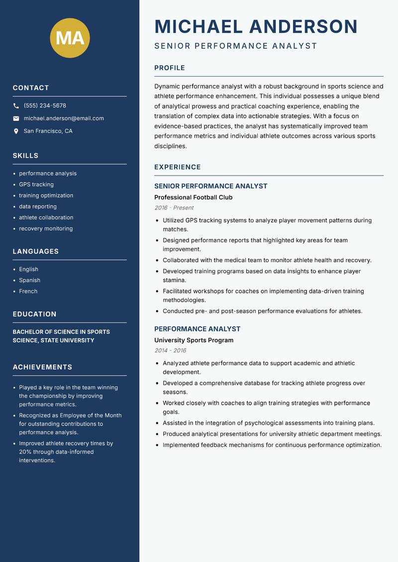 Coach Performance Analyst resume template — Classic Clean