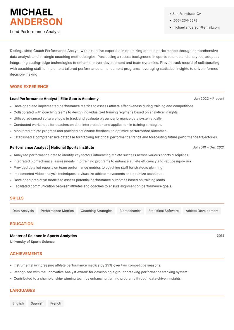 Coach Performance Analyst resume template — Modern Professional