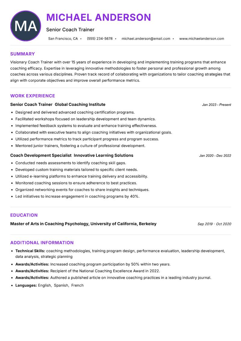 Coach Trainer resume example — ATS-friendly template