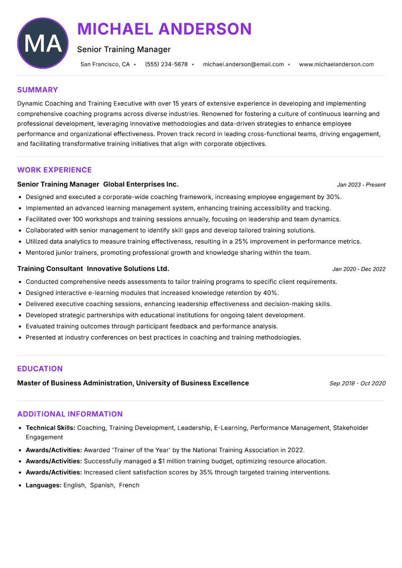 Coaching and Training Executive resume example — ATS-friendly template