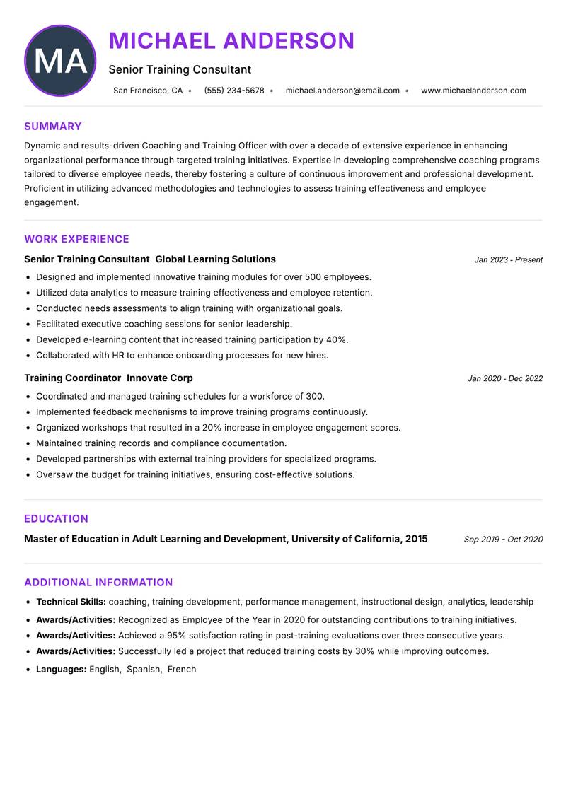 Coaching and Training Officer resume example — ATS-friendly template