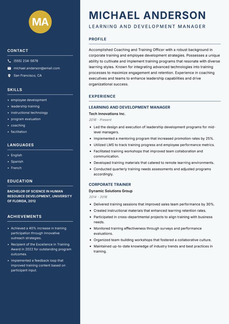 Coaching and Training Officer resume template — Classic Clean