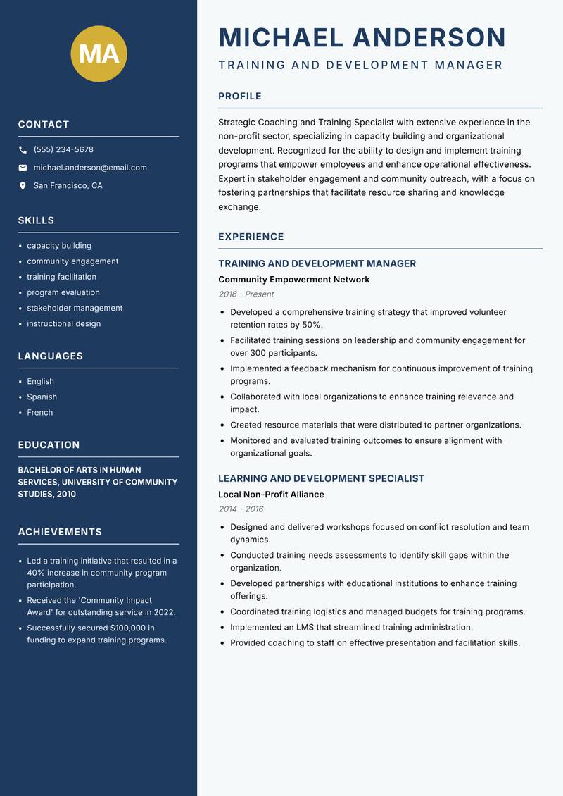 Coaching and Training Specialist resume template — Classic Clean