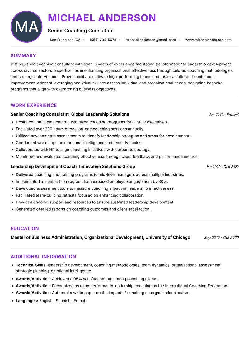 Coaching Consultant resume example — ATS-friendly template