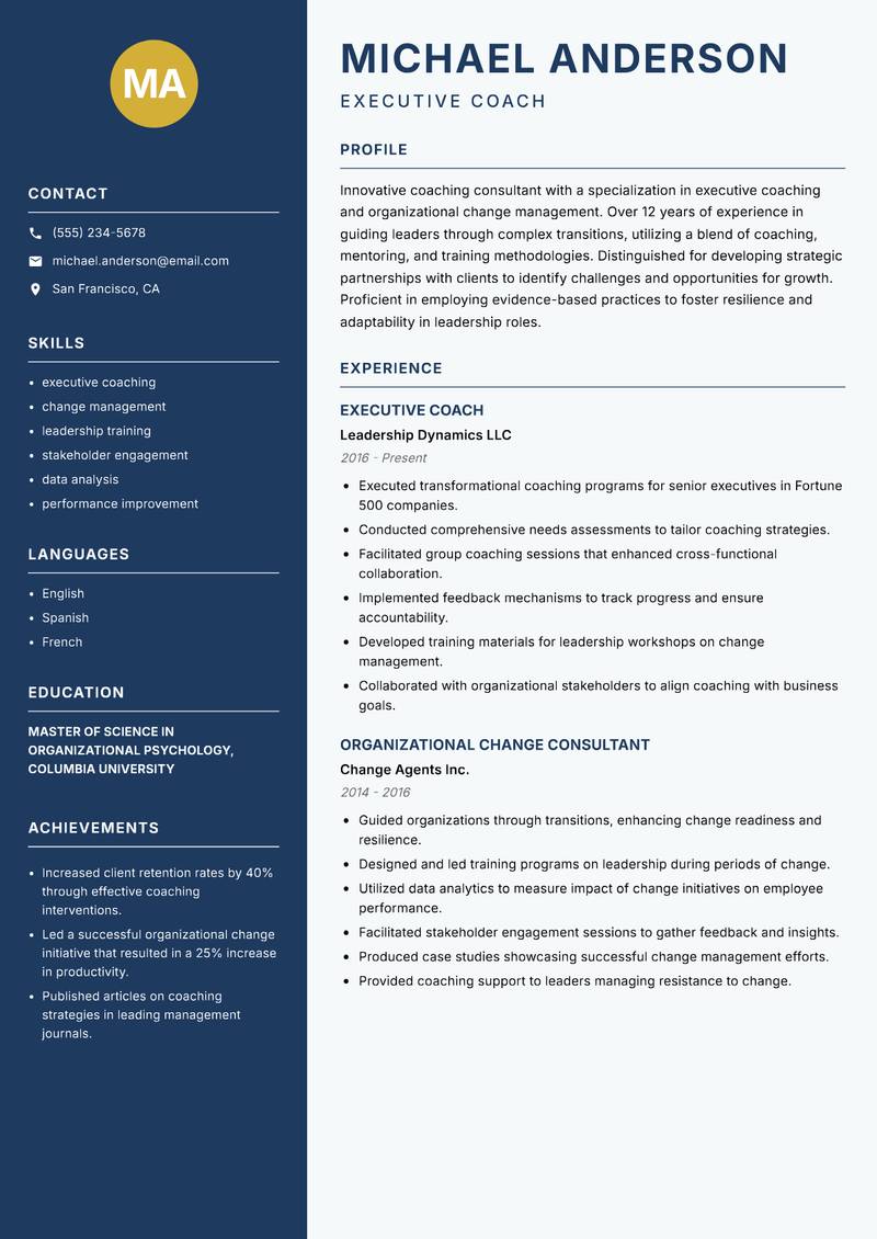 Coaching Consultant resume template — Classic Clean