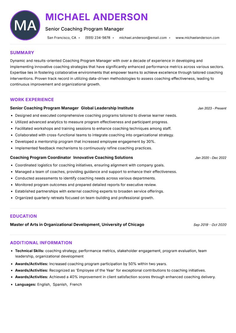 Coaching Program Manager resume example — ATS-friendly template