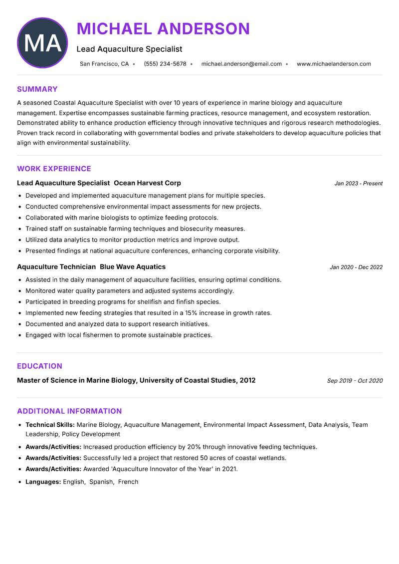 Coastal Aquaculture Specialist resume example — ATS-friendly template