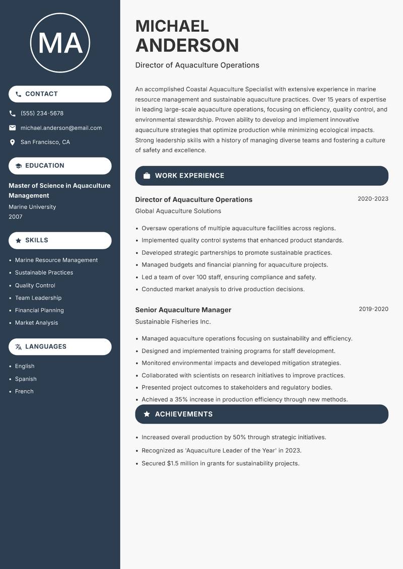Coastal Aquaculture Specialist resume template — Compact