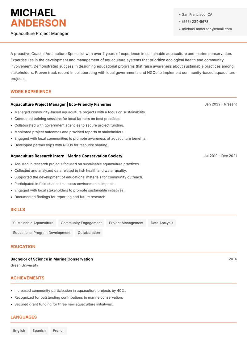 Coastal Aquaculture Specialist resume template — Modern Professional