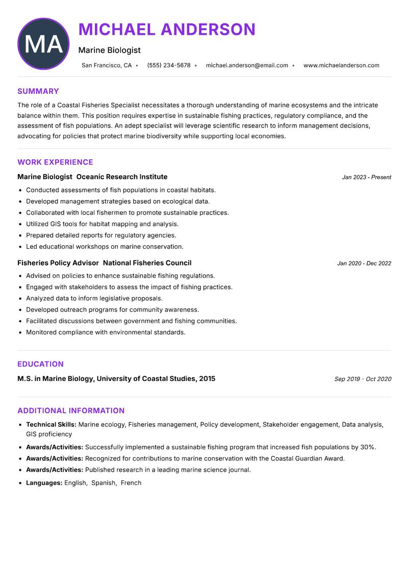 Coastal Fisheries Specialist resume example — ATS-friendly template