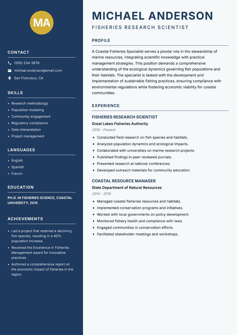 Coastal Fisheries Specialist resume template — Classic Clean