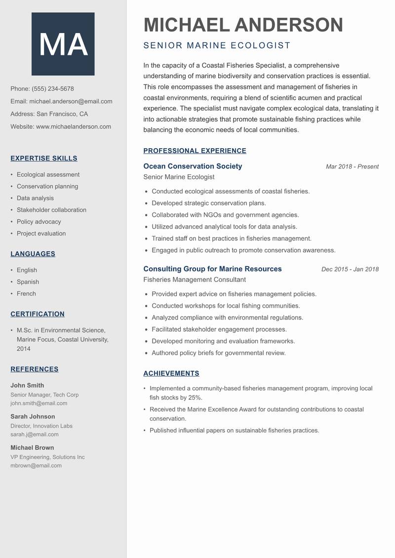 Coastal Fisheries Specialist resume template — Creative Minimal