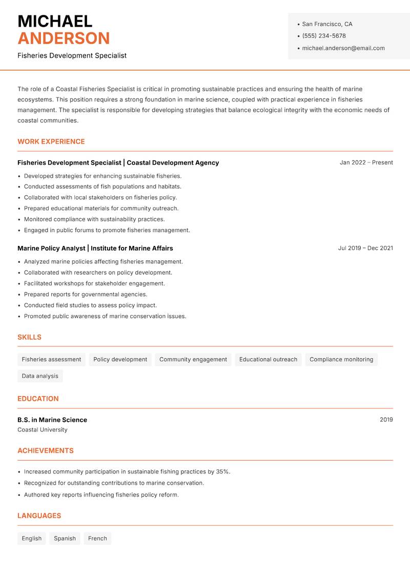 Coastal Fisheries Specialist resume template — Modern Professional