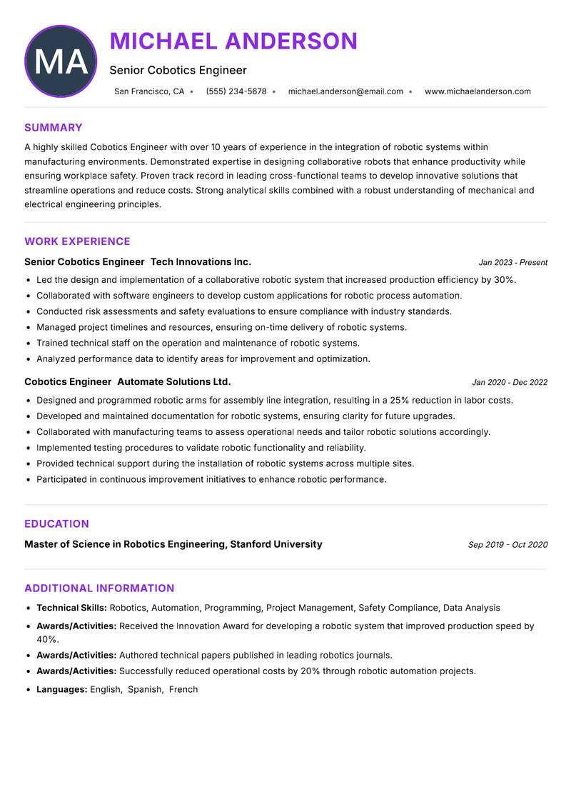 Cobotics Engineer resume example — ATS-friendly template