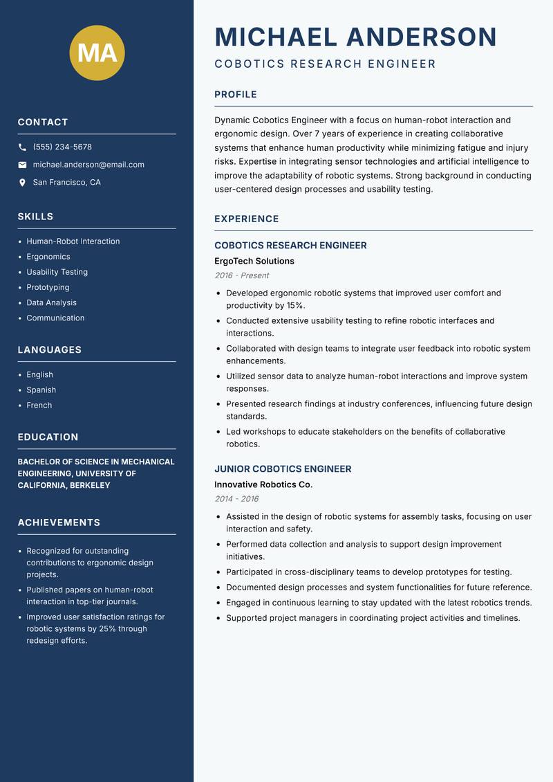 Cobotics Engineer resume template — Classic Clean