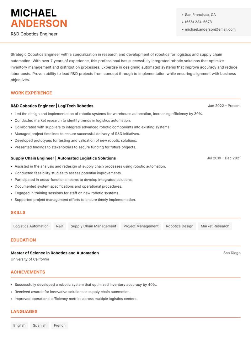 Cobotics Engineer resume template — Modern Professional