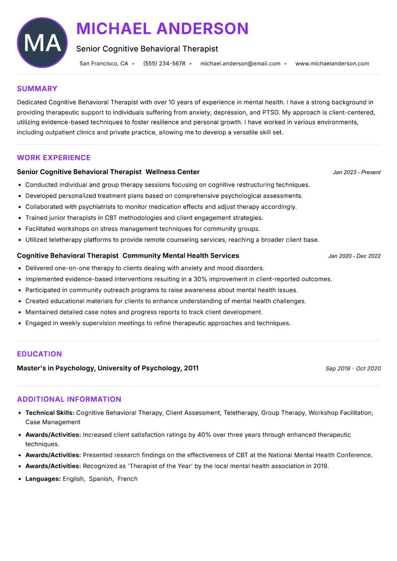 Cognitive Behavioral Therapist resume example — ATS-friendly template