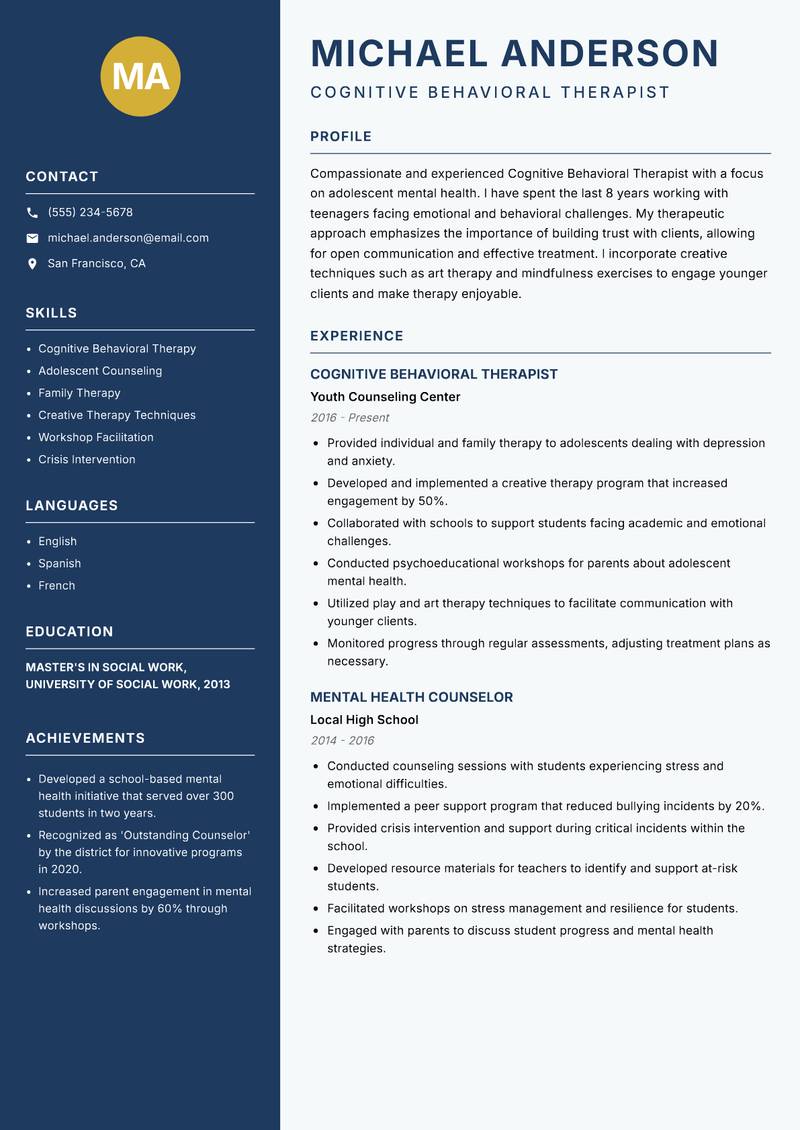 Cognitive Behavioral Therapist resume template — Classic Clean