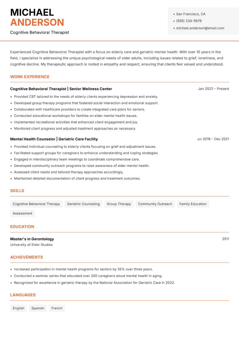 Cognitive Behavioral Therapist resume template — Modern Professional