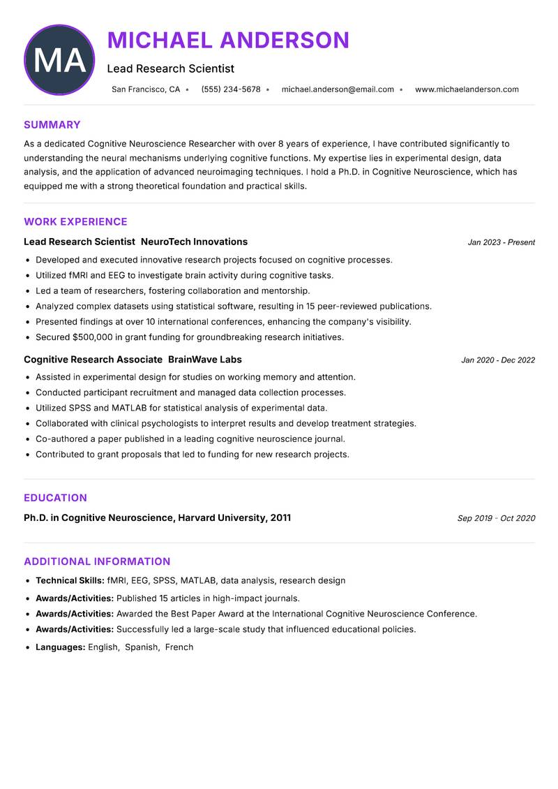 Cognitive Neuroscience Researcher resume example — ATS-friendly template