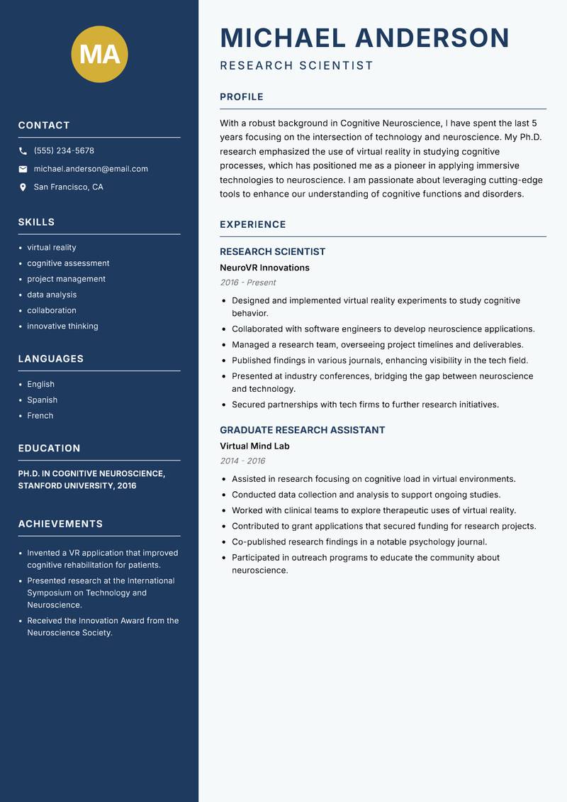 Cognitive Neuroscience Researcher resume template — Classic Clean