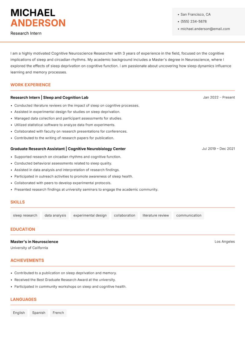 Cognitive Neuroscience Researcher resume template — Modern Professional