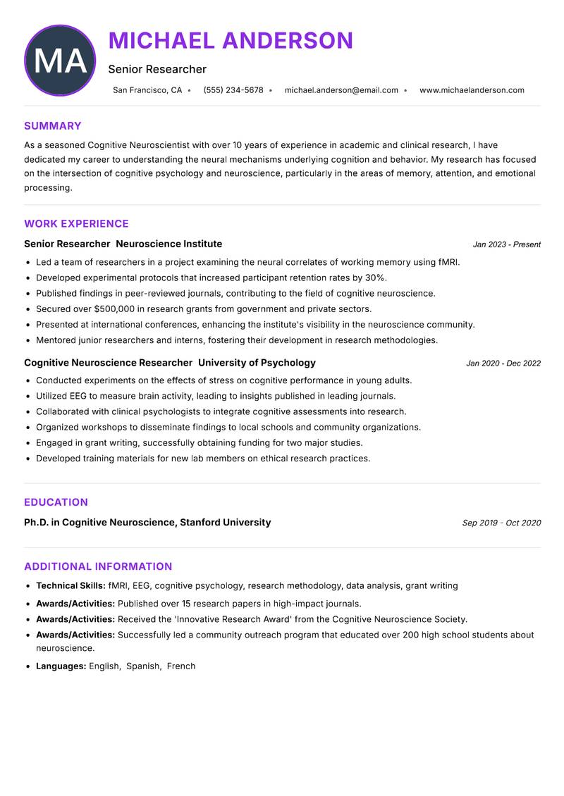Cognitive Neuroscientist resume example — ATS-friendly template