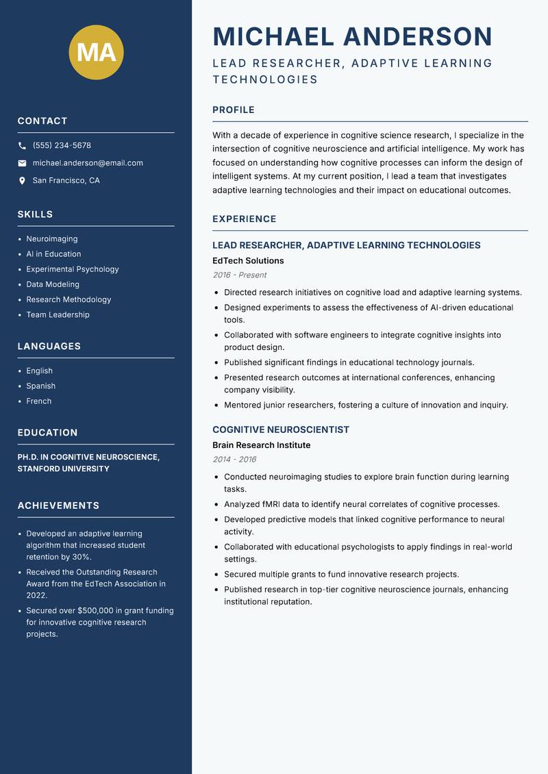 Cognitive Science Researcher resume template — Classic Clean