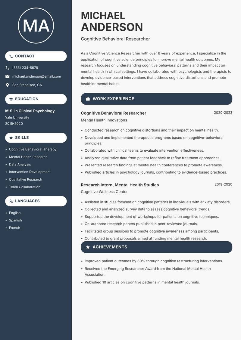 Cognitive Science Researcher resume template — Compact