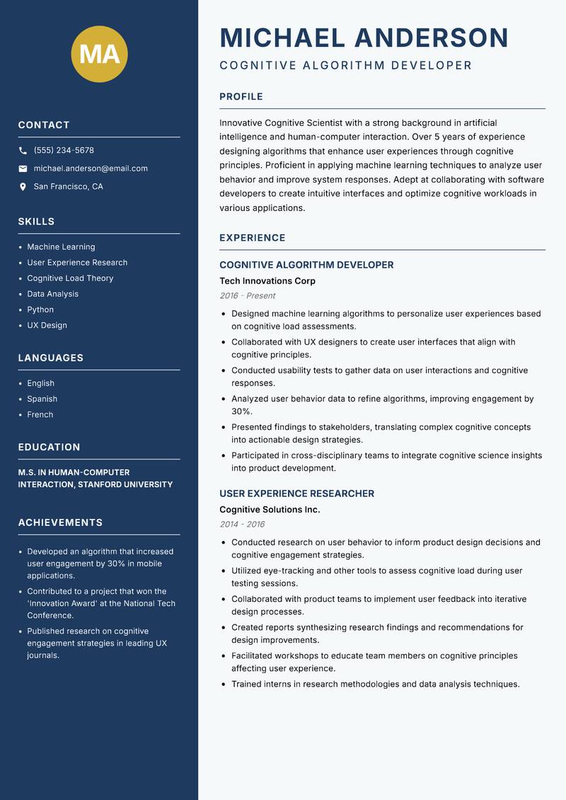 Cognitive Scientist resume template — Classic Clean