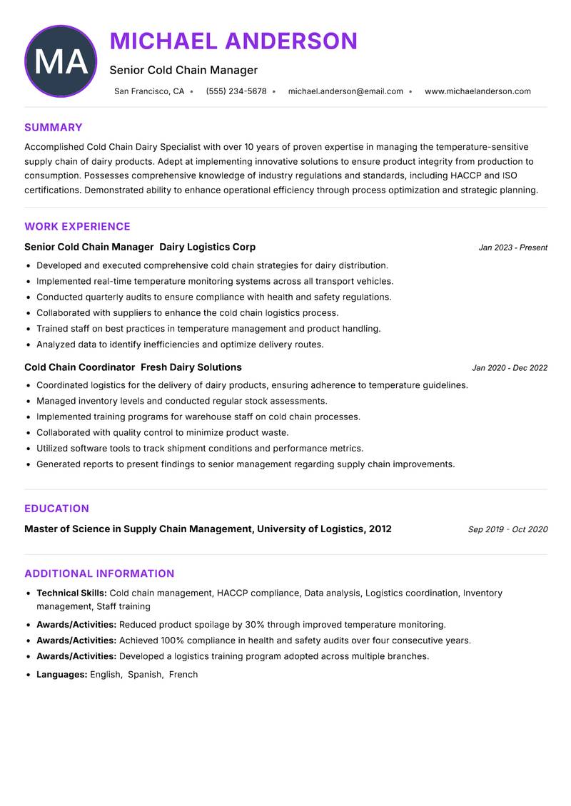 Cold Chain Dairy Specialist resume example — ATS-friendly template
