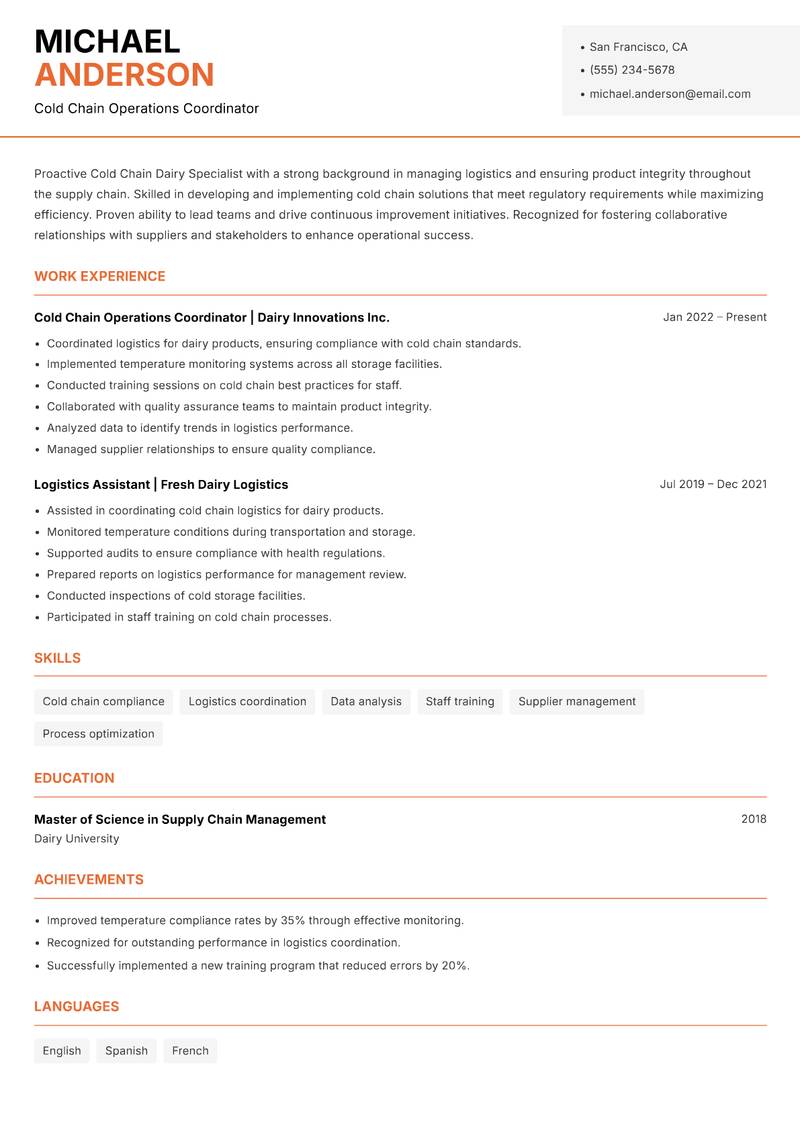 Cold Chain Dairy Specialist resume template — Modern Professional