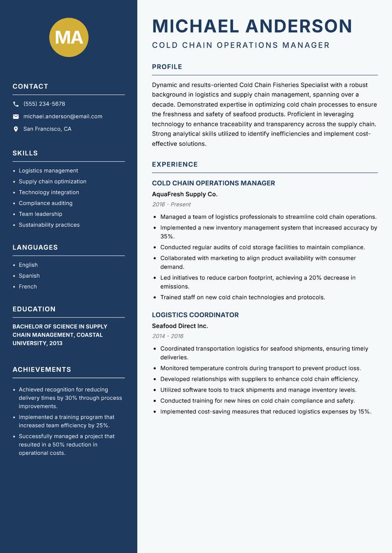 Cold Chain Fisheries Specialist resume template — Classic Clean