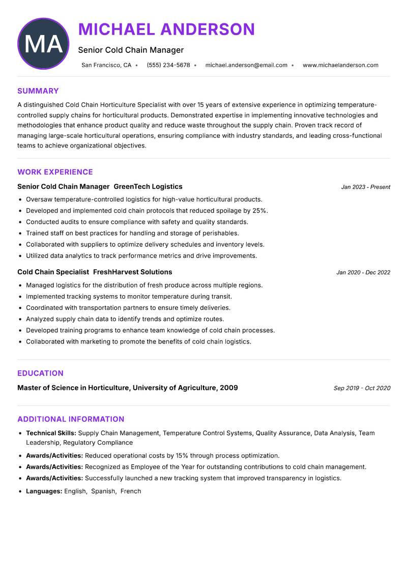 Cold Chain Horticulture Specialist resume example — ATS-friendly template