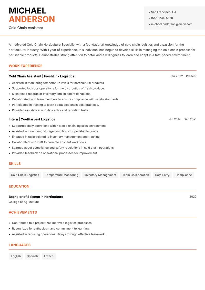 Cold Chain Horticulture Specialist resume template — Modern Professional