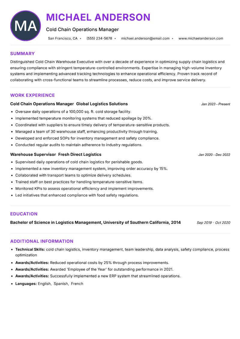 Cold Chain Warehouse Executive resume example — Warehousing